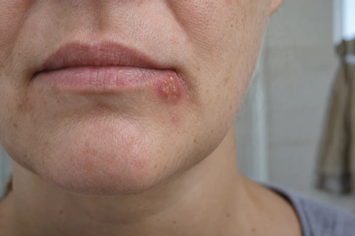 Cold sore at the blister stage at the corner of the lower lip