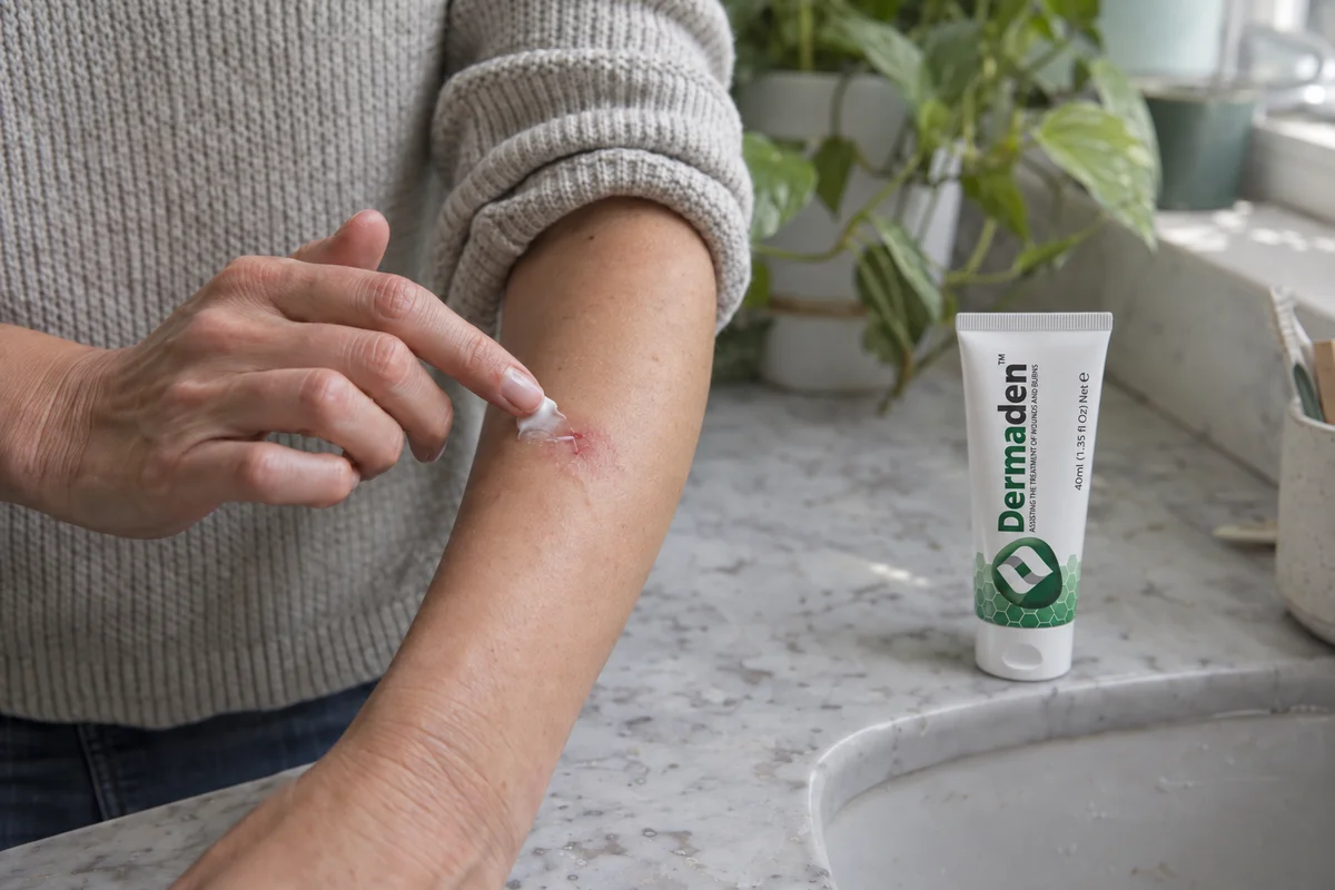 Woman applying Dermaden Advanced Wound Care Cream to her forearm, with the Dermaden tube on the counter