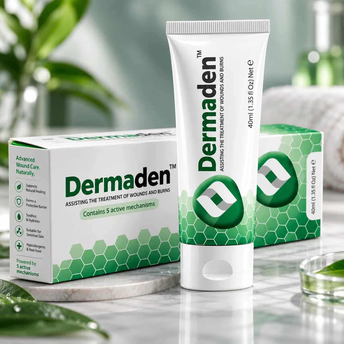 Dermaden Advanced Wound Care Cream tube and box on a marble counter with green leaves