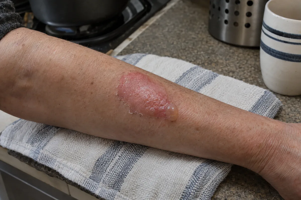 Minor second-degree burn on the forearm with a blister at its edge
